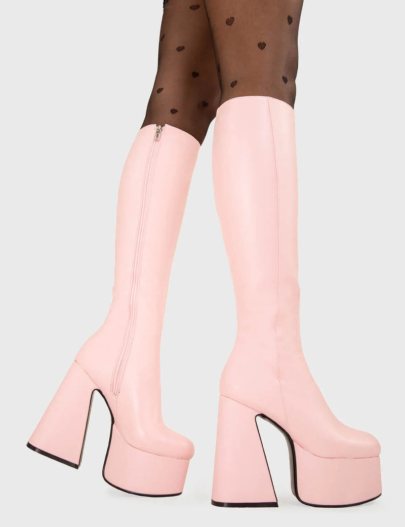 NICE AND SMOOTH
  
  Hate You Platform Knee High Boots in Pink faux leather. These platform boots feature a minimalist look with a Flared heel, keeping it nice and classy. Made with eco-friendly materials and 100% cruelty-free, these platform boots are as ethical as they are chic.
  
  - Platform Height
  - Knee high 
  - Flared heel
  - High Heel
  - 100% vegan 
  
  SKU: LMF 3355 - PinkPU