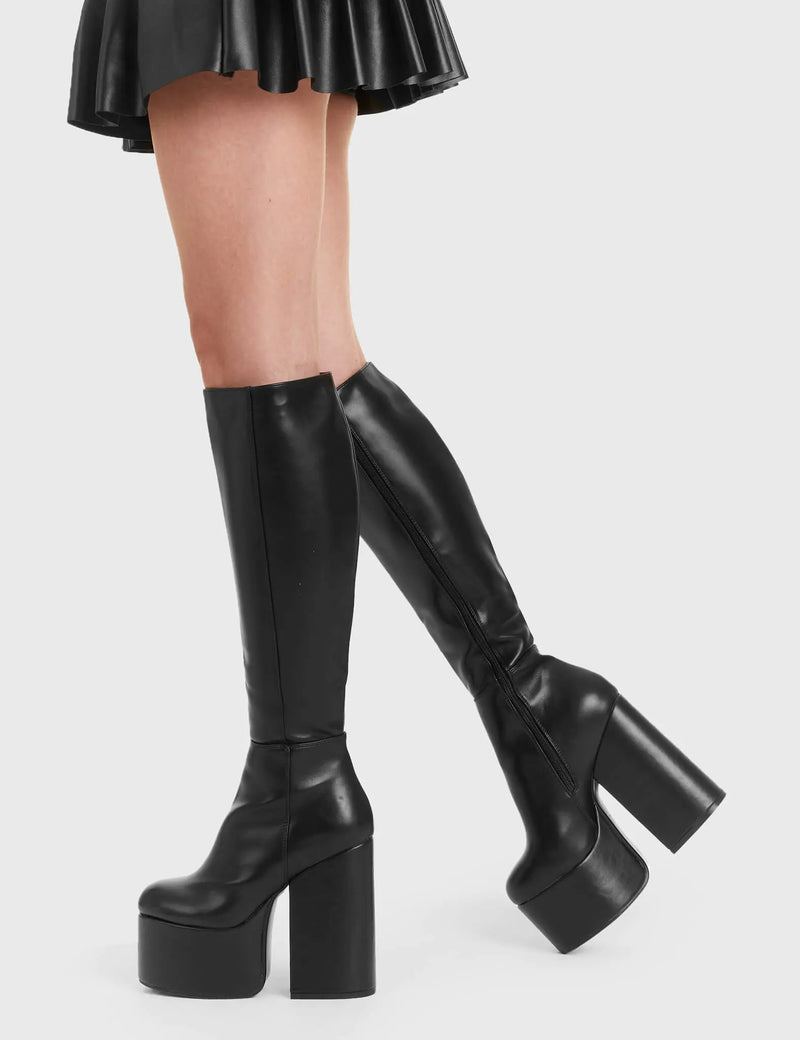 Not Your Basic Boots
  
  Heart Vs Head Platform Knee High Boots in Black faux leather. These platform boots feature a minimalist design, perfect with any outfit. Made with eco-friendly materials and 100% cruelty-free, these platform boots are as ethical as they are Perfect!
  
  - Platform Height
  - Heel Height
  - Black Zipper
  - Knee length
  - Platform sole
  - High Heel
  - 100% vegan 
  
  SKU: LMF 2852 - BlackPU