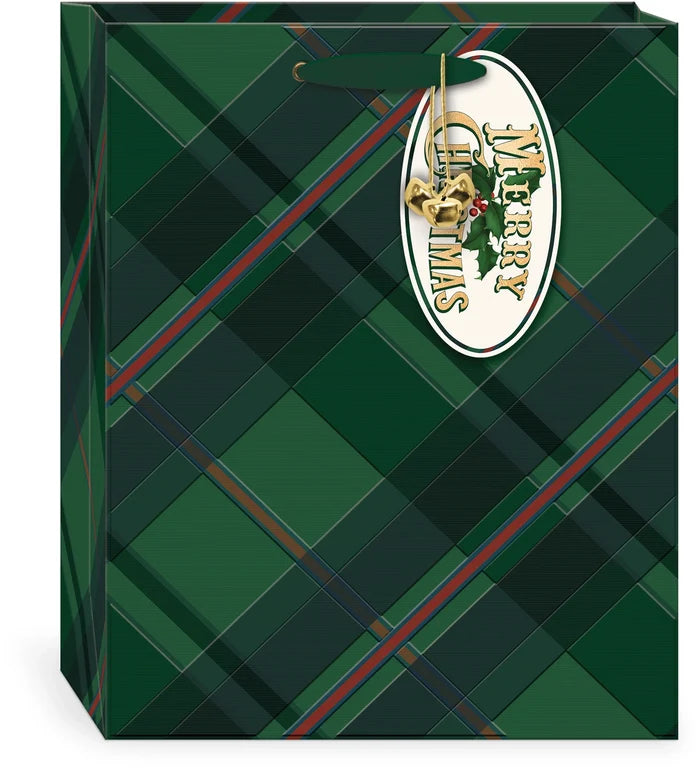 Heirloom Christmas Green Plaid Large Vertical Gift Bag