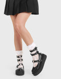 Flirty Flats
  
  Hologram Chunky Platform Creeper Boots in Black faux leather. These black Creeper boots feature three adjustable black straps with heart shaped buckles in the center on our chunky platform sole,make a statment with each flirty step. Made with eco-friendly materials and 100% cruelty-free.
  
  - Platform Height: 2.2 inch
  - Black strap silver eyelets
  - Black zip
  - Square shaped buckles
  - Chunky creeper sole
  - Round Toe 
  - 100% vegan 
  
  SKU: LMF 2200 - BlackPU