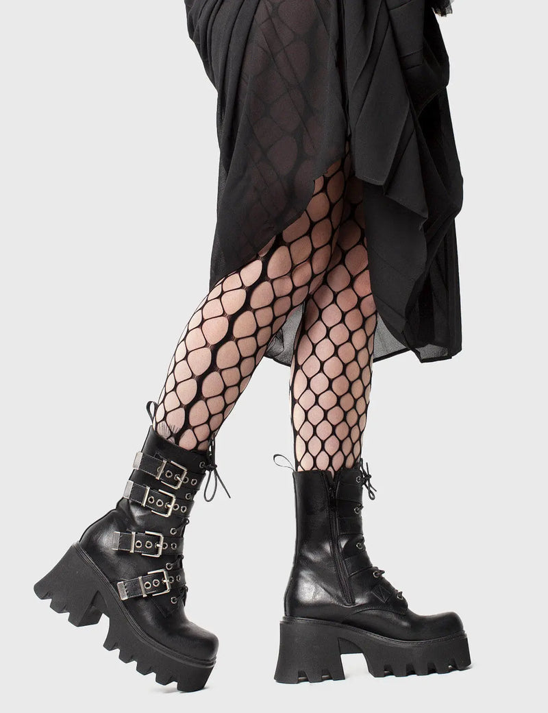 MAKE YOUR STATEMENT
  
  Hysteria Chunky Platform Ankle Boots in Black faux leather. These Platform Ankle Boots feature Silver buckles on a Chunky and comfortable Platform sole, making them the perfect choise to dress up any outfit! Made with eco-friendly materials and 100% cruelty-free.
  
  
  - Platform Height: 3.3 inch
  - High ankle height
  - Square buckles and silver eyelets
  - Chunky Platform sole
  - Lace up
  - Black zipper
  - Square toe 
  - 100% vegan 
  
  SKU: LMF 1091 - BlackPU