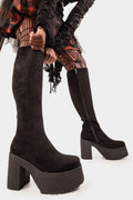 Bold Steps 
  
  I'm What You Want Platform Knee High Boots in Black Suede. These Black vegan Platform Boots feature black suede material on a chunky lightweight sole, making them the perfect pair for a night out! Made with eco-friendly materials and 100% cruelty-free!
  
  - Platform Height: 1.6 inch
  - Heel Height: 4.4 inch
  - Black Zipper
  - Gusset detail
  - Wide Ankle and Calf Friendly 
  - Chunky sole
  - Round Toe
  - 100% vegan 
  
  SKU: LMF 1823 - BlackSUEDE