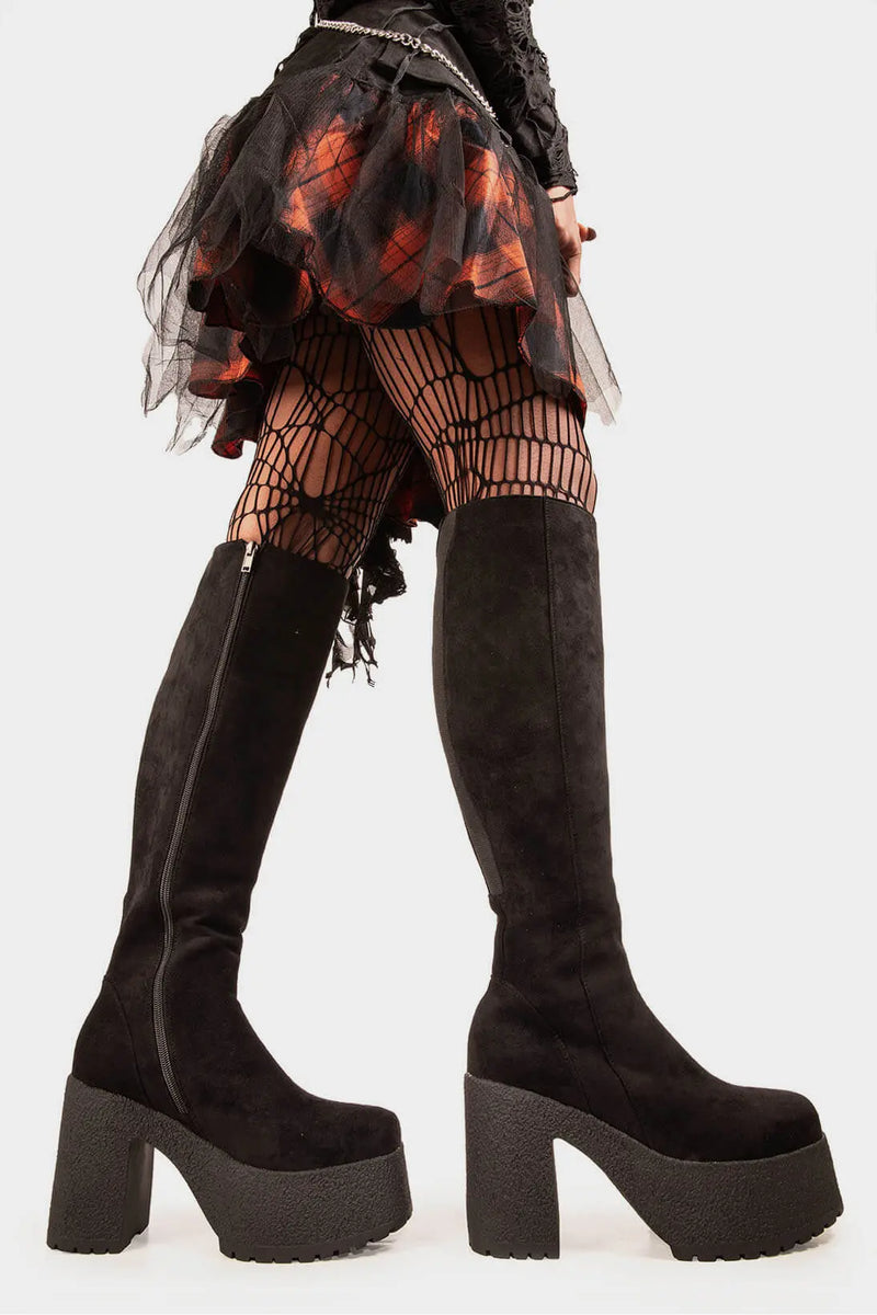 Bold Steps 
  
  I'm What You Want Platform Knee High Boots in Black Suede. These Black vegan Platform Boots feature black suede material on a chunky lightweight sole, making them the perfect pair for a night out! Made with eco-friendly materials and 100% cruelty-free!
  
  - Platform Height: 1.6 inch
  - Heel Height: 4.4 inch
  - Black Zipper
  - Gusset detail
  - Wide Ankle and Calf Friendly 
  - Chunky sole
  - Round Toe
  - 100% vegan 
  
  SKU: LMF 1823 - BlackSUEDE