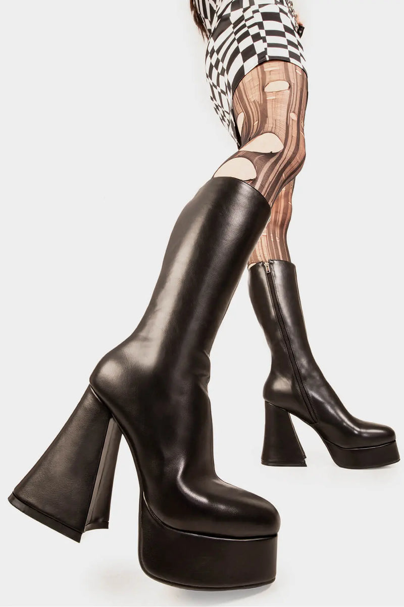 Obsessed
  
  Infatuation Platform Calf Boots in Black faux leather. These black vegan Platform Boots feature on our platform sole, walking on platform dreams.Made with eco-friendly materials and 100% cruelty-free, these platform boots are as ethical as they are sexy.
  
  
  - Platform Height: 2.6 inch
  - Heel Height: 5.5 inch
  - Calf High length
  - Black Zipper
  - Platform sole
  - Flared heel
  - Round Toe
  - 100% vegan 
  
  SKU: LMF 1869 - BlackPU