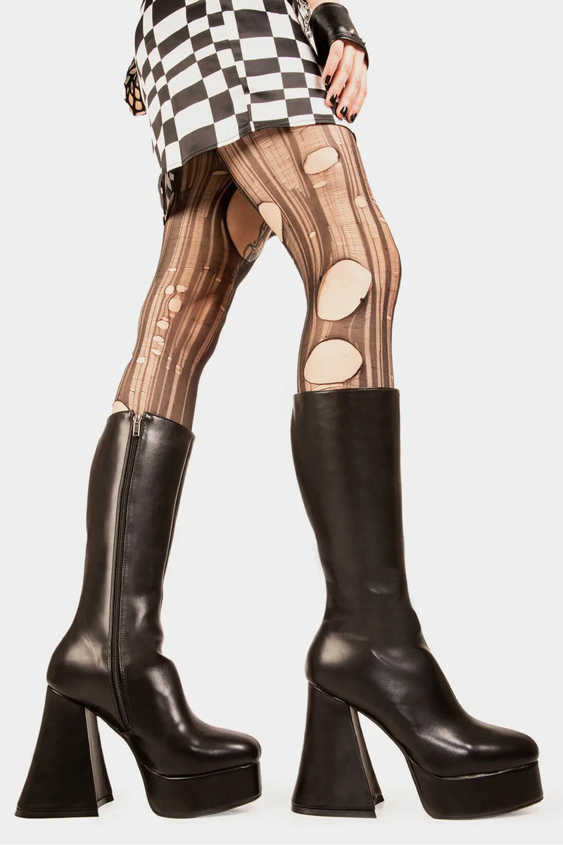 Obsessed
  
  Infatuation Platform Calf Boots in Black faux leather. These black vegan Platform Boots feature on our platform sole, walking on platform dreams.Made with eco-friendly materials and 100% cruelty-free, these platform boots are as ethical as they are sexy.
  
  
  - Platform Height: 2.6 inch
  - Heel Height: 5.5 inch
  - Calf High length
  - Black Zipper
  - Platform sole
  - Flared heel
  - Round Toe
  - 100% vegan 
  
  SKU: LMF 1869 - BlackPU