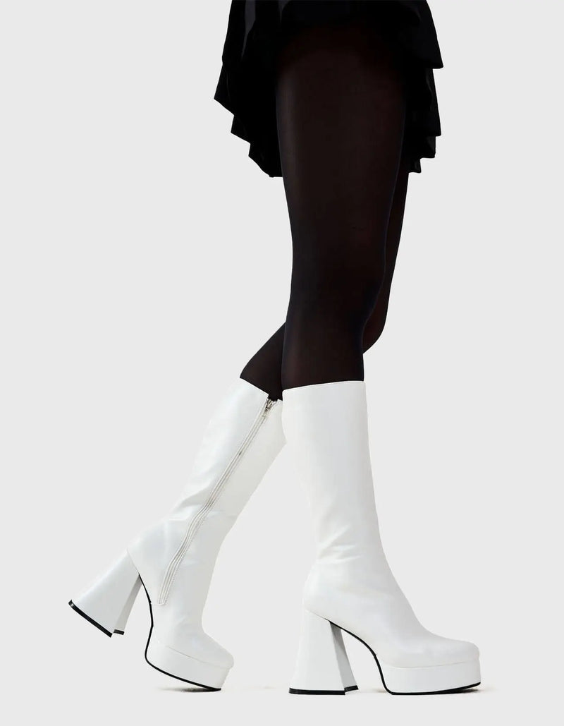 Obsessed
  
  Infatuation Platform Calf Boots in White faux leather. These white vegan Platform Boots feature on our platform sole, walking on platform dreams.Made with eco-friendly materials and 100% cruelty-free, these platform boots are as ethical as they are sexy.
  
  
  - Platform Height: 2.6 inch
  - Heel Height: 5.5 inch
  - Calf High length
  - White Zipper
  - Platform sole
  - Flared heel
  - Round Toe
  - 100% vegan 
  
  SKU:
