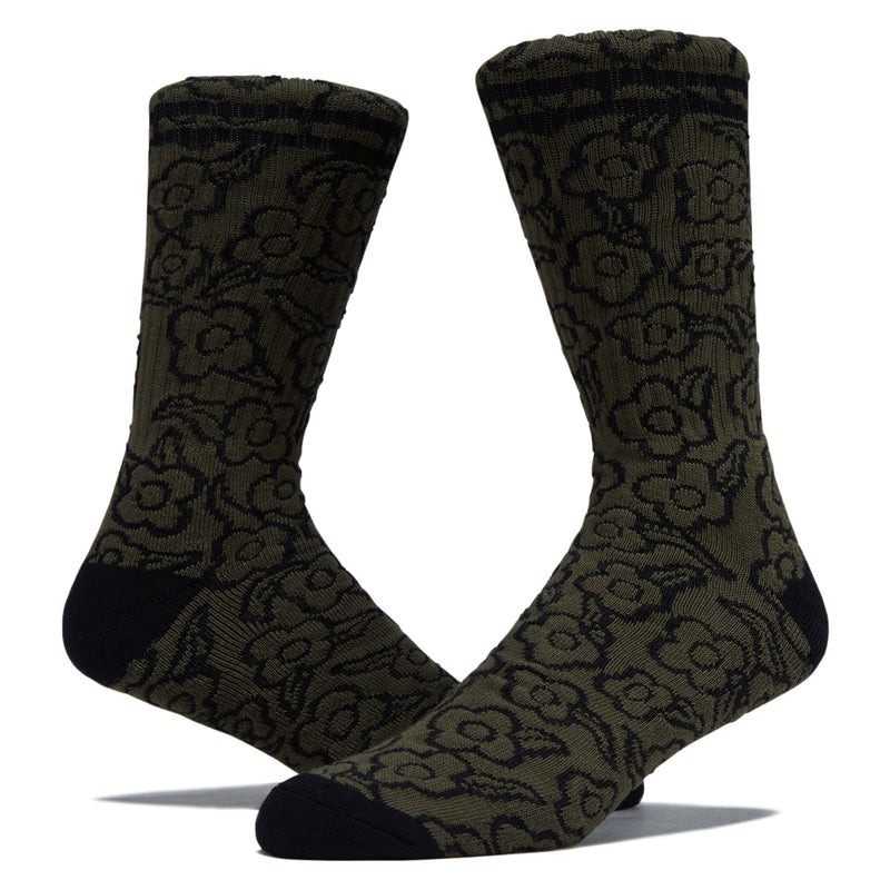 Krooked Multi Flowers Socks - Olive/Black