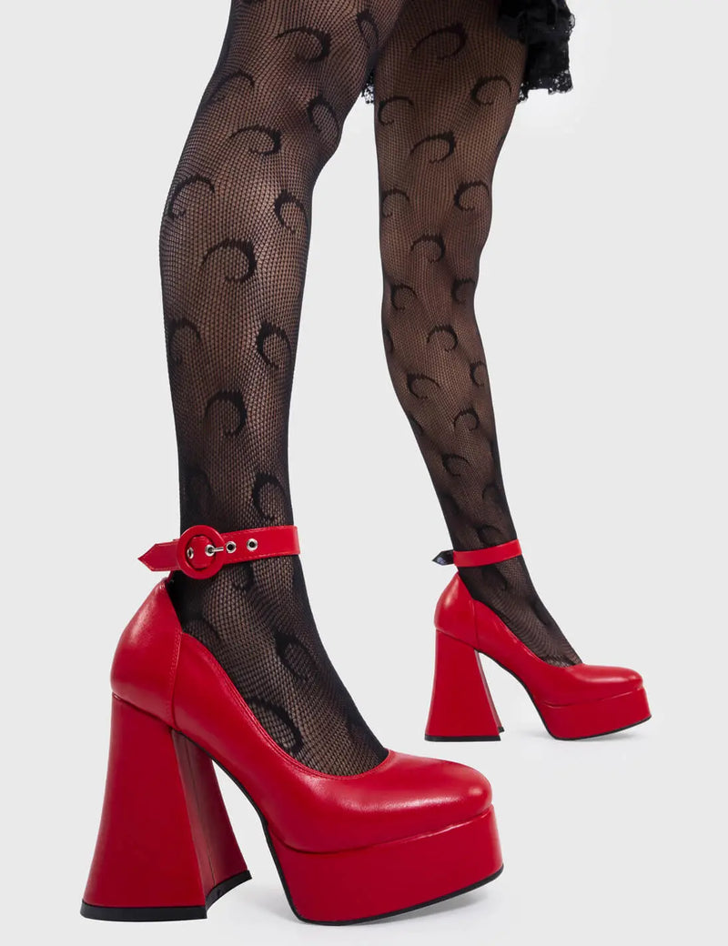 The Main Attraction 
  
  Last Flight Platform Heels in Red faux leather. These red platform heels feature a red adjustable ankle strap with silver eyelets and 'O' ring shaped buckle, let your shoes take you center stage. Made with eco-friendly materials and 100% cruelty-free.
  
  - Platform Height
  - Heel Height
  - Red adjustable ankle strap
  - Silver eyelets with 'O' ring shaped buckle
  - Platform sole
  - Round Toe 
  - 100% vegan 
  
  SKU: LMF 2327 - RedPU