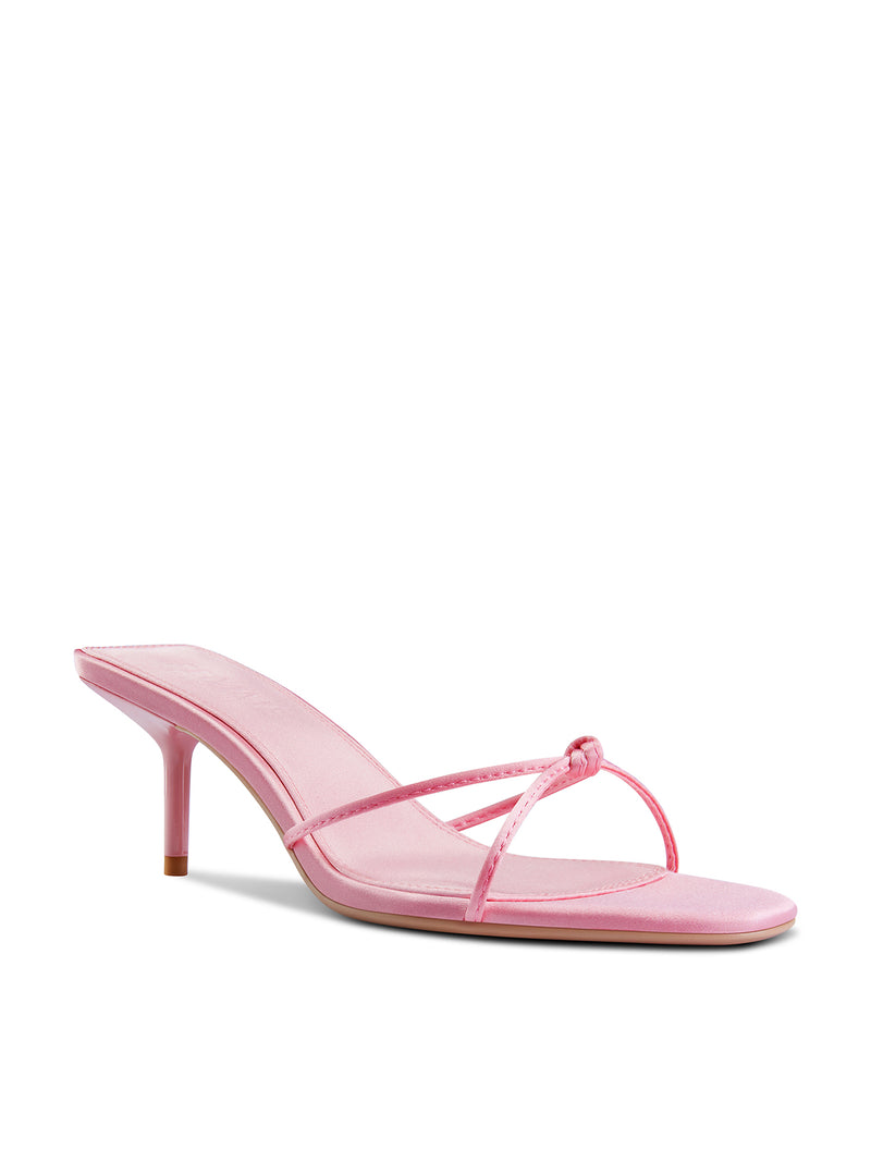 Femme LA Maeve Slipper in Baby Pink – front three-quarter view showing double thin satin straps with knot detail and open square toe