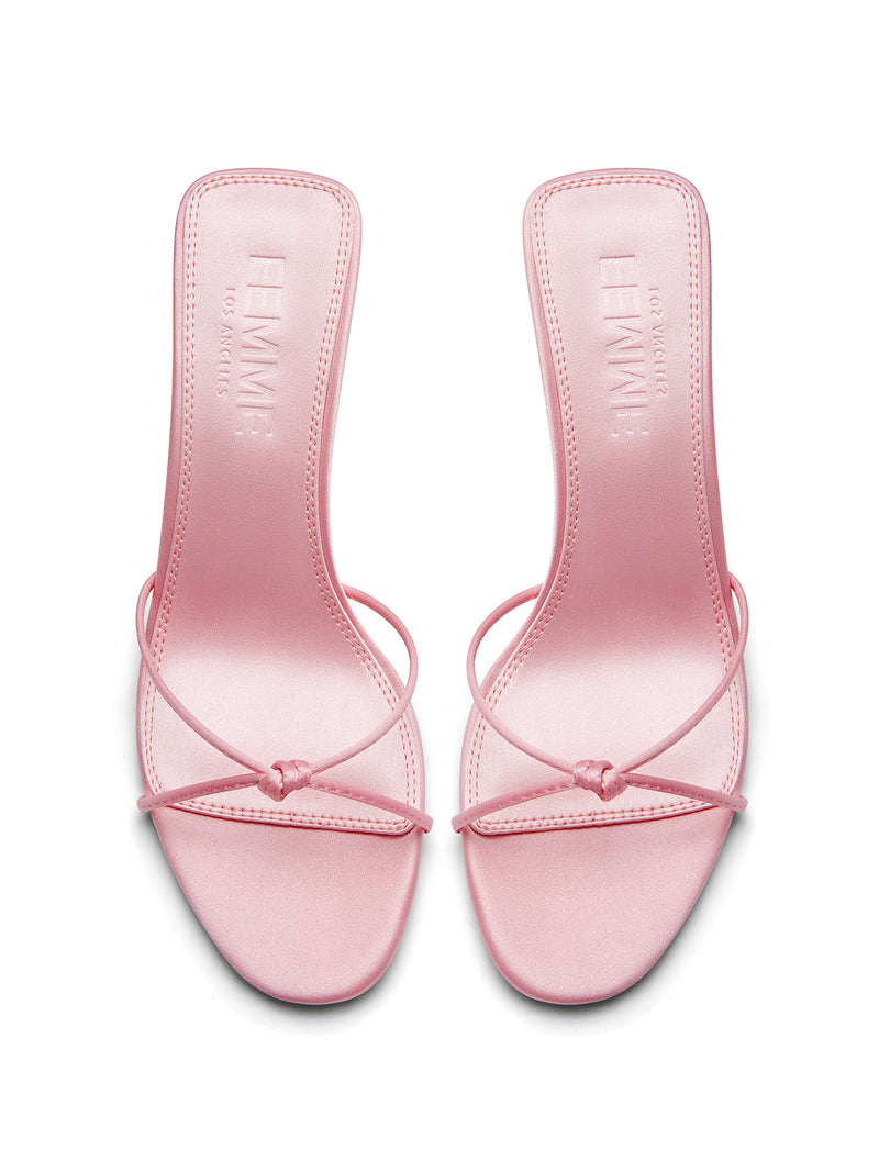 Femme LA Maeve Slipper in Baby Pink – top-down view of the pair showing thin straps with knot and Femme LA branded insoles