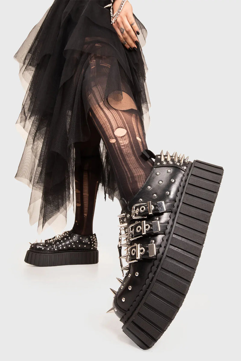 Dare to stomp

Maniac Monday Chunky Creeper Shoes in Black faux leather. These shoes feature sliver studs and silver spikes towards the upper and back of the shoe on our chunky sole to amplify your presence. Made with eco-friendly materials and 100% cruelty-free, these boots are as ethical as they are daring!


- Platform Height: 2.3 inch
- Three Adjustable straps with silver eyelets
- Black laces 
- Silver spikes
- Silver Studs 
- Chunky creeper sole
- Round Toe
- 100% vegan 

SKU: LMF 1589 - BlackPU