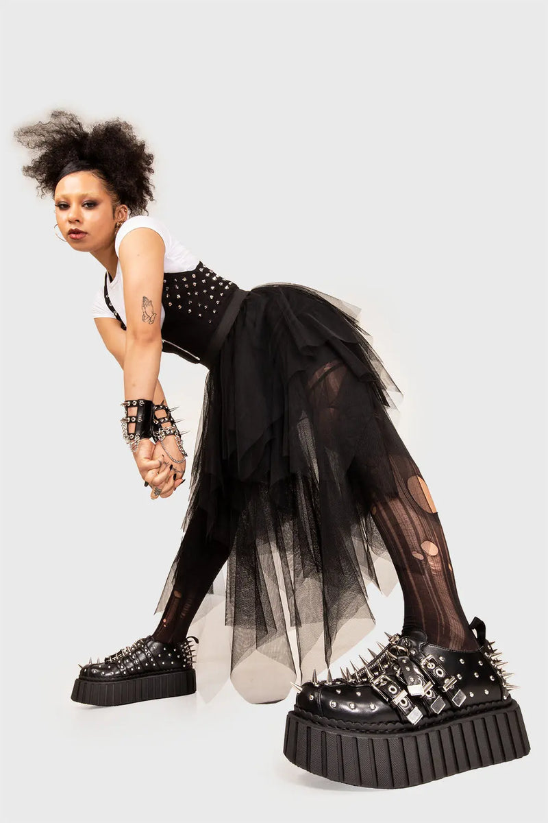Dare to stomp

Maniac Monday Chunky Creeper Shoes in Black faux leather. These shoes feature sliver studs and silver spikes towards the upper and back of the shoe on our chunky sole to amplify your presence. Made with eco-friendly materials and 100% cruelty-free, these boots are as ethical as they are daring!


- Platform Height: 2.3 inch
- Three Adjustable straps with silver eyelets
- Black laces 
- Silver spikes
- Silver Studs 
- Chunky creeper sole
- Round Toe
- 100% vegan 

SKU: LMF 1589 - BlackPU