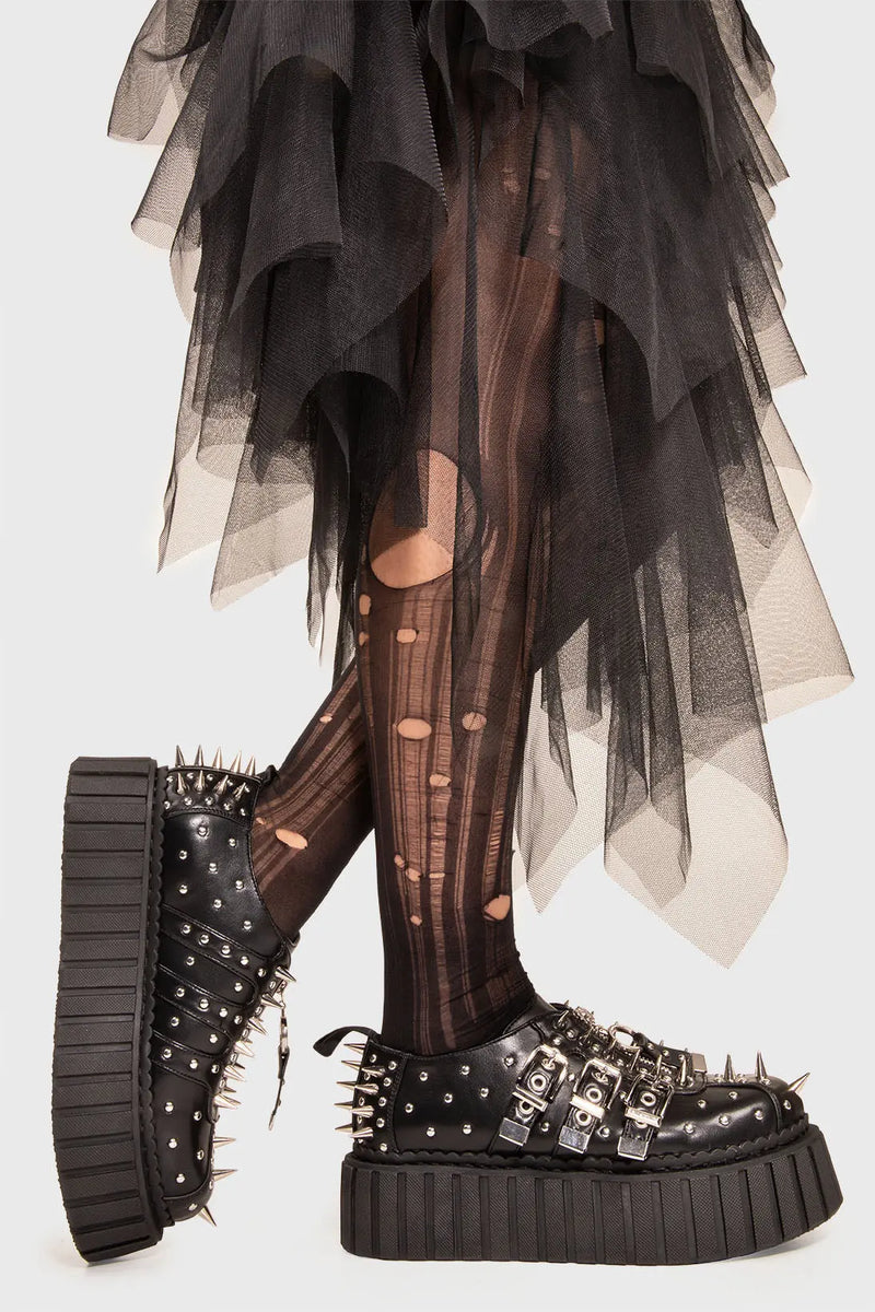 Dare to stomp

Maniac Monday Chunky Creeper Shoes in Black faux leather. These shoes feature sliver studs and silver spikes towards the upper and back of the shoe on our chunky sole to amplify your presence. Made with eco-friendly materials and 100% cruelty-free, these boots are as ethical as they are daring!


- Platform Height: 2.3 inch
- Three Adjustable straps with silver eyelets
- Black laces 
- Silver spikes
- Silver Studs 
- Chunky creeper sole
- Round Toe
- 100% vegan 

SKU: LMF 1589 - BlackPU