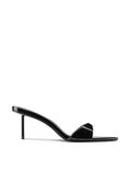 Femme LA Marseille Slipper in Black Patent – side profile of black patent leather mule with single thin toe strap and slim stiletto heel