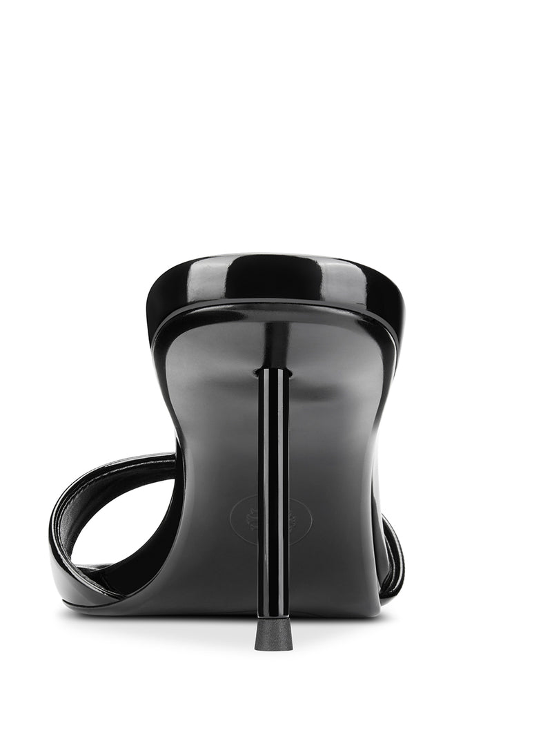 Femme LA Marseille Slipper in Black Patent – back view showing black patent heel counter, slim stiletto, and black outsole