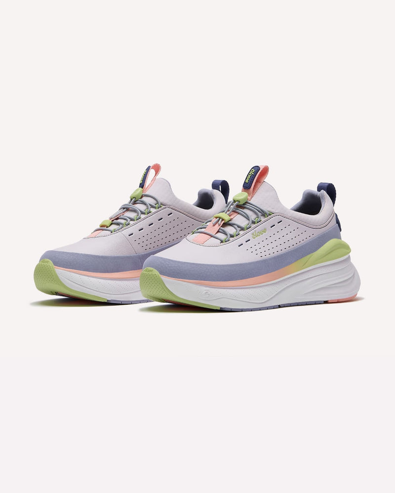 Pair of light gray running shoes with colorful accents on a white background