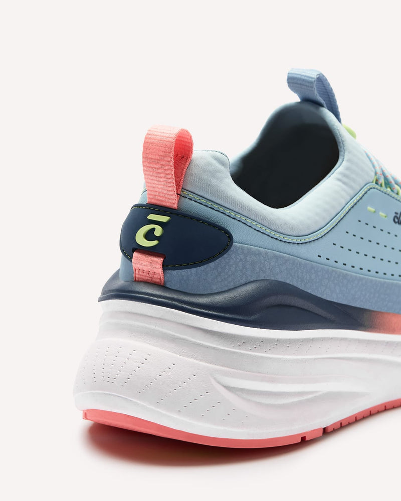Blue and pink running shoe on a white background