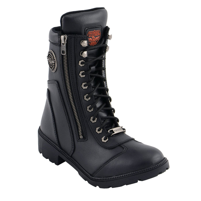 Milwaukee Leather MBL9301 Women's Black Lace-Up Motorcycle Biker Riding Boots with Side Zipper Entry