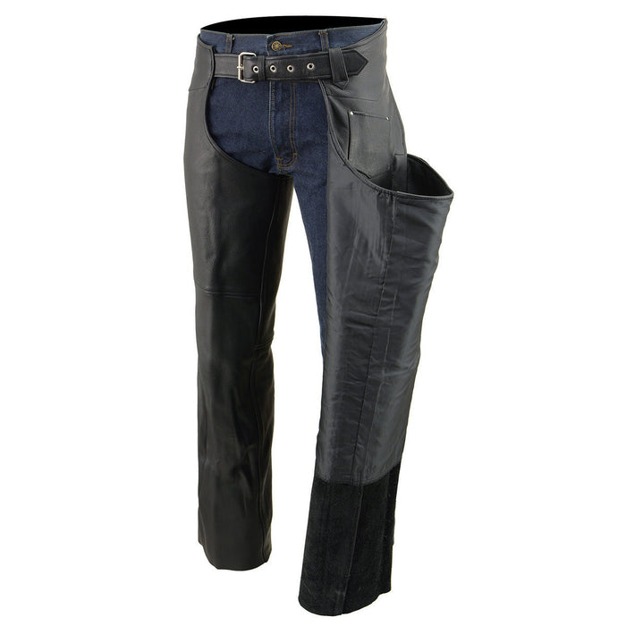 Milwaukee Leather Men's Black Premium Leather Fully Lined Motorcycle Chaps w/ Front Coin Pocket ML1115