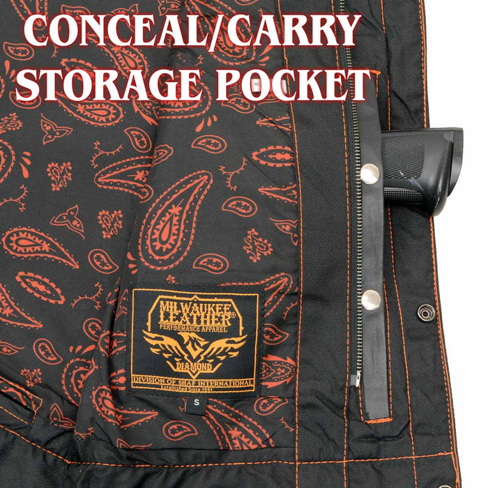 Milwaukee Leather MLM3527 Men's Black 'Paisley' Accented w/ Orange Stitching Leather Vest – / Armhole Trim