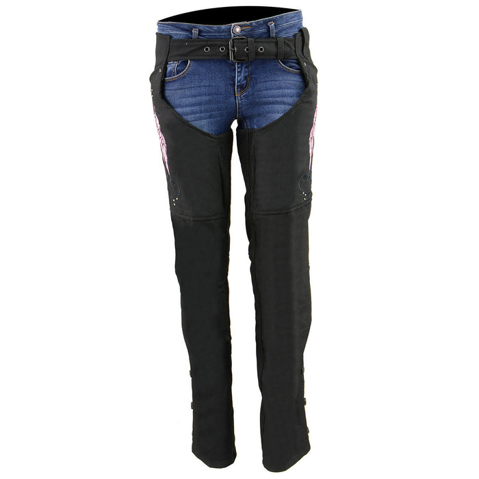 Milwaukee Leather SH1956 Women's 'Winged' Black and Pink Textile Chaps