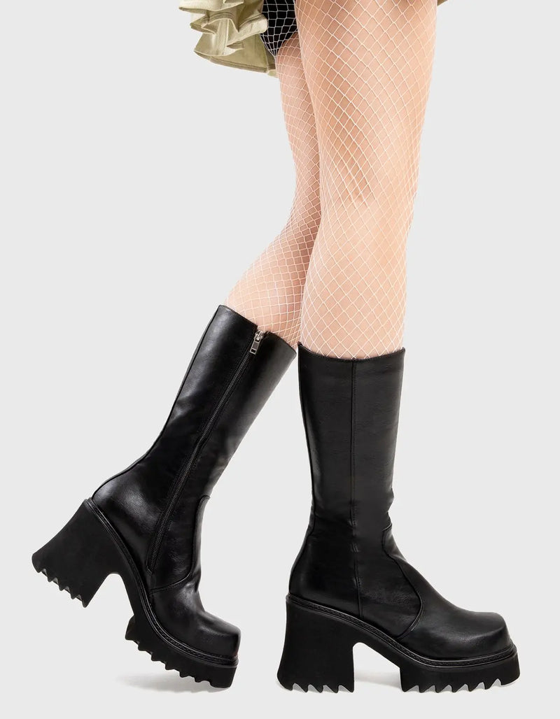 Not Your Basic Boots
  
  Mind Pool Chunky Platform Calf Boots in Black faux leather. These platform boots feature a minimalist design, with a chunky sole, the perfect way to elevate any look. Made with eco-friendly materials and 100% cruelty-free, these platform boots are as ethical as they are cool.
  
  - Platform Height
  - Heel Height
  - Black Zip
  - Shark's teeth grip
  - Chunky Platform sole
  - 100% vegan 
  
  SKU: LMF 2914 - BlackPU