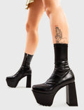 On point!
  
  My Side Platform Ankle Boots in Black faux leather. These platform boots feature on our pointed platform sole, reach new heights in your fashion game. Made with eco-friendly materials and 100% cruelty-free, these platform boots are as ethical as they are On point.
  
  - Platform Height
  - Heel Height
  - Black Zipper
  - Stretchy Material
  - Mid ankle length
  - Platform sole
  - Shark's teeth grip
  - Square Toe 
  - 100% vegan 
  
  SKU: LMF 2823 - BlackPU