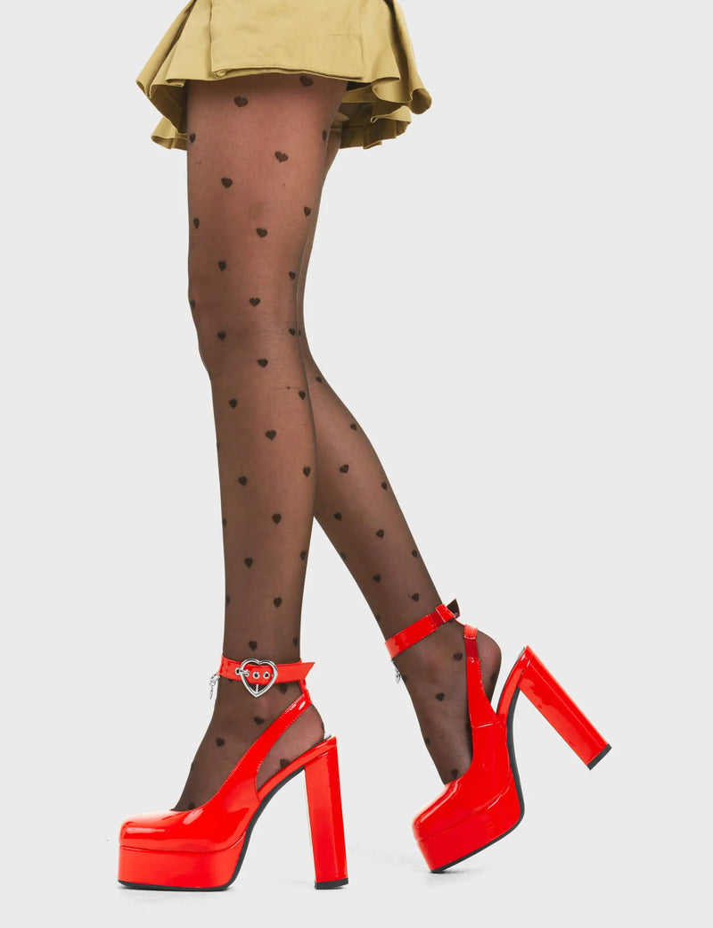 STEP FREELY
  
  My Way Platform Heels in Red Patent. These heels features a adjustable red ankle strap with silver eyelets and a heart shaped buckle, Also features a silver hanging charm Step Freely with these platform heels. Made with eco-friendly materials and 100% cruelty-free!
  
  - Platform Height
  - Heel Height
  - Adjustable Red Strap
  - Silver eyelets
  - Heart shaped buckle
  - Platform sole
  - Pointed Toe
  - 100% vegan
  
  SKU: LMF 3791 - RedPAT