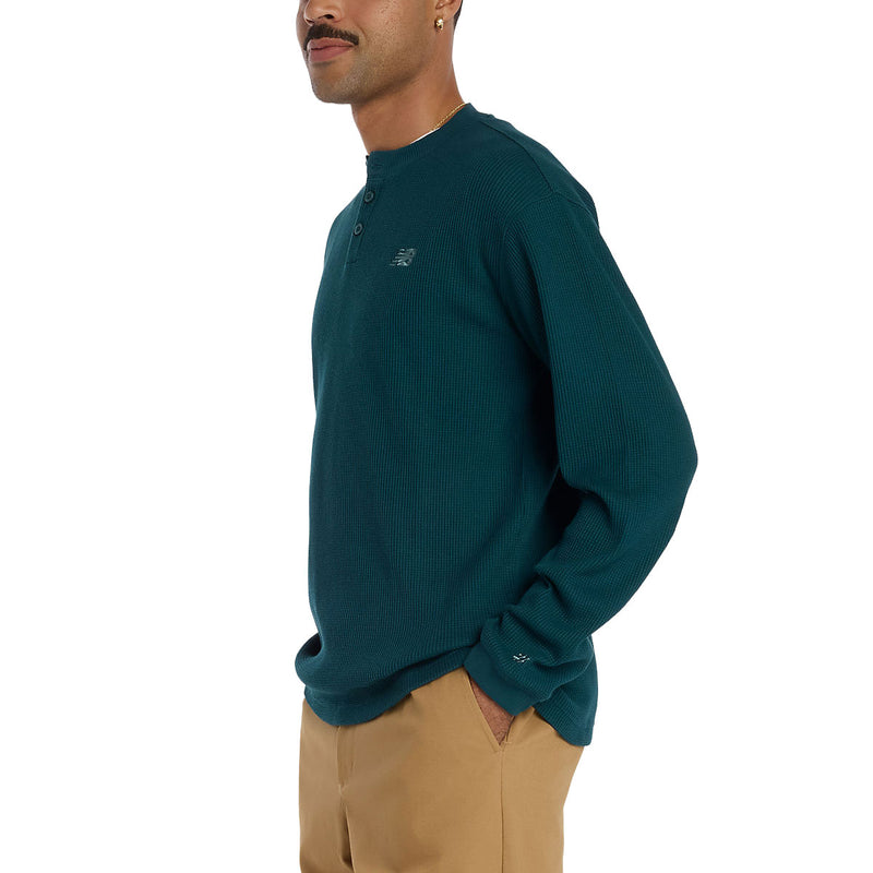 New Balance Numeric Waffle Knit Long Sleeve Henley Shirt - Medusa Green