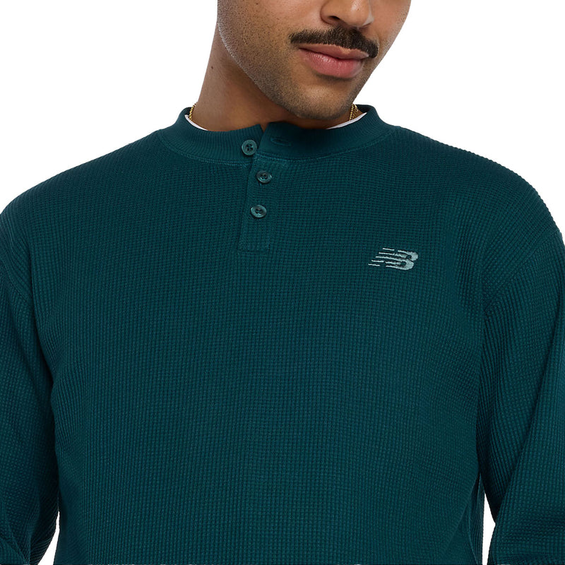 New Balance Numeric Waffle Knit Long Sleeve Henley Shirt - Medusa Green