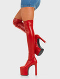 RED ALERT
  
  Night Owl Platform Thigh High Boots in Red faux leather. These platform boots feature a minimalist design, with a fiited feel and a Heart shaped hee with a pink heart at the bottom, the perfect way to elevate any look. Made with eco-friendly materials and 100% cruelty-free, these platform boots are as ethical as they are cool.
  
  - Platform Height
  - Heel Height
  - Fitted-feel
  - Heart shaped heel
  - Pink heart
  - Red Zip
  - Platform sole
  - 100% vegan
  
  SKU: LMF 4650 - RedPU