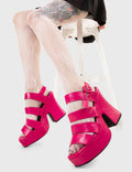 Holiday Mode
 
 Not A Friend Platform Sandals in Fuchsia faux leather. These platform sandals feature three straps across the upper with a adjustable strap across the heel, step into relaxation and comfort. Made with eco-friendly materials and 100% cruelty-free, these platform boots are as ethical as they are COMFORTABLE!
 
 - Platform Height
 - Heel Height
 - Adjustable strap
 - Silver eyelets with 'O'shaped buckle
 - Chunky Platform sole
 - Round Toe 
 - 100% vegan 
 
 SKU: LMF 2510 - FuchsiaPU