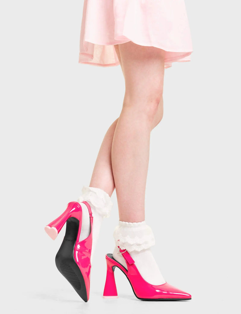 LOW AND LUSH
  
  Oh Baby Platform Heels in Fuchsia Patent. These platform heels feature aadjustable back straps with a heart shaped buckle, Also features a heart shaped heel with a pink heart at the bottom. let your shoes shine. Made with eco-friendly materials and 100% Vegan
  
  - Platform Height
  - Heel Height
  - Adjustable Back Strap
  - Heart shaped buckle
  - Platform sole
  - Heart Heel
  - Pink Heart
  - Pointed Toe
  - 100% vegan
  
  SKU: LMF 4869 - FuchsiaPAT