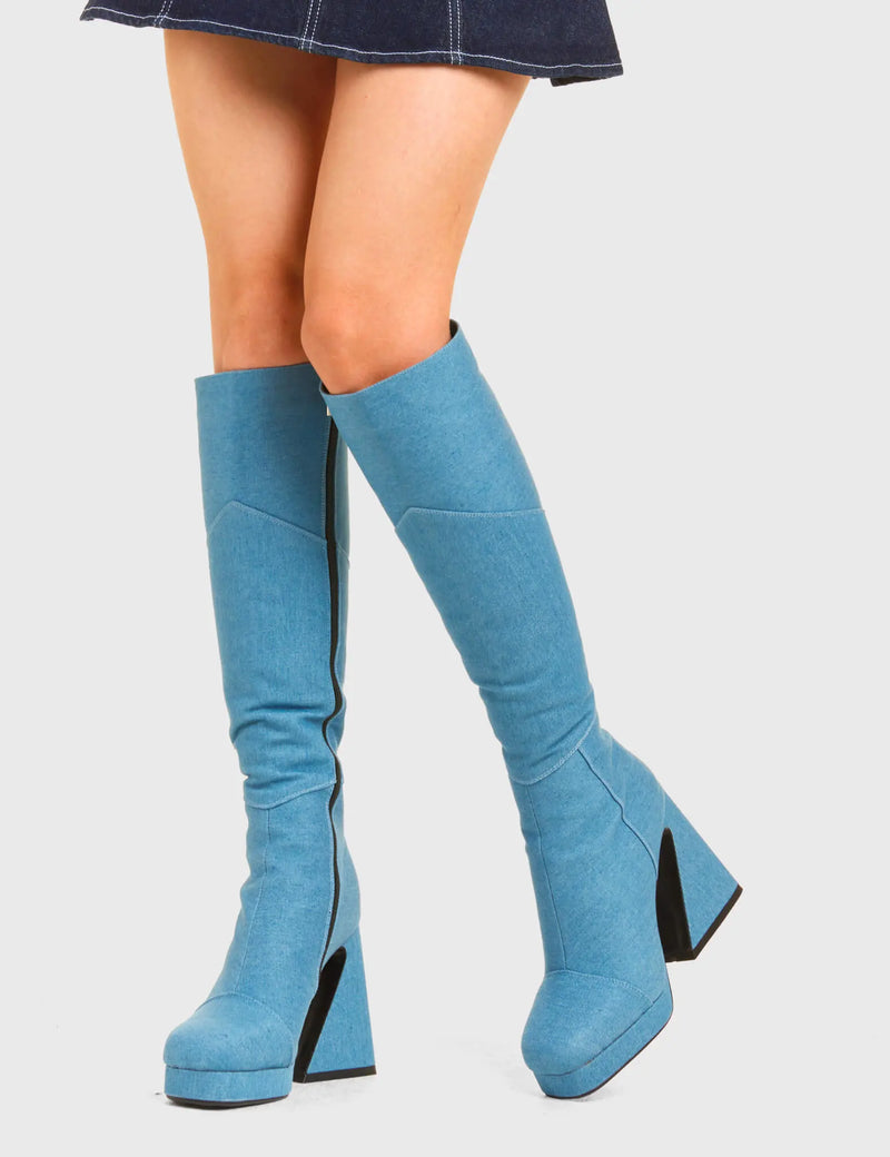 TIME FOR DENIM
  
  Override Platform Knee High Boots in Light Denim. These vegan western Boots feature a Denim look with a flared heel, perfect for a good time out. Made with eco-friendly materials and 100% cruelty-free, these boots are as ethical as they are Chic!
  
  
  - Platformed high heel
  - Knee High length
  - Light Denim
  - Rounded toe 
  - 100% vegan 
  
  SKU: LMF 3779 - LightDENIM