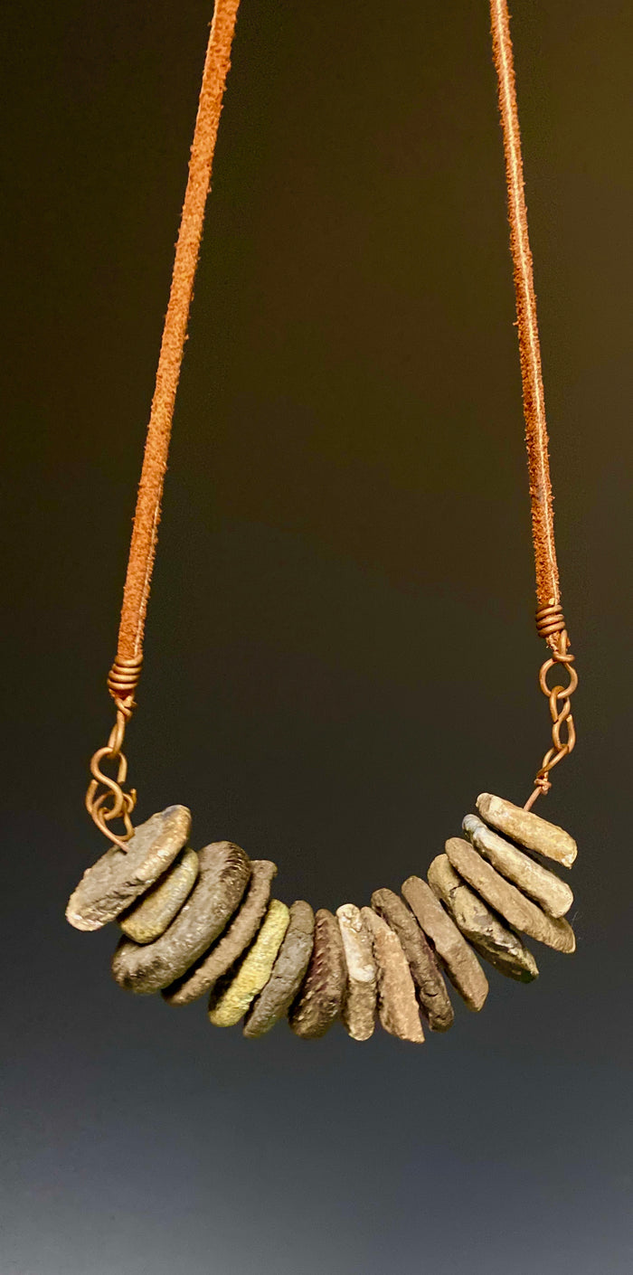 Simple and Beautiful! 9"  drop brown suede cord 15 Raku fired discs 2.3 ozs Nice!