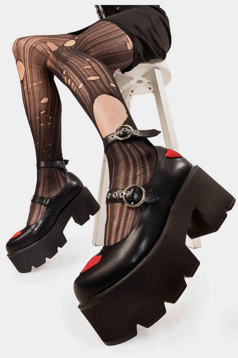THE ICON
  
  Rosey Love Chunky Mary Jane Shoes in Black Faux Leather. These Mary Janes feature a Red faux suede hearts on a Chunky and comfortable Platform sole. Everyone needs a pairs of Mary Janes! Made with eco-friendly materials and 100% cruelty-free, these Mary Janes are as ethical as they are cute!
  
  
  - Platform Height: 3 inch
  - T Bar structure
  - Red Hearts
  - O shaped buckles and silver eyelets
  - Chunky Platform sole
  - Round toe 
  - 100% vegan 
  
  SKU: LMS 449 - BlackPU/Red