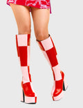TIME TO DANCE
  
  Runway Platform Knee High Boots in Pink and Red faux leather. These platform boots feature a pink and red patch work design with a triangle heel, keeping it nice and classy. Made with eco-friendly materials and 100% cruelty-free, these platform boots are as ethical as they are chic.
  
  - Platform Height
  - Knee high length
  - Patch work design
  - Triangle heel
  - High Heel
  - 100% vegan 
  
  SKU: LMF 3361 - PinkPU/RedPU