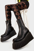 Clean and Crisp
  
  Say My Name Chunky Ankle Creeper Boots in Black faux leather. These black platform boots feature black lace up detail with silver eyelets towards the back, making a bold statment with each step.Made with eco-friendly materials and 100% cruelty-free, these platform boots are as ethical as they are Sleek!
  
  - Platform Height
  - Black zipper
  - Black laces and silver eyelets 
  - Chunky platform creeper wedge sole
  - Round Toe 
  - 100% vegan 
  
  SKU: LMF 2212 - BlackPU