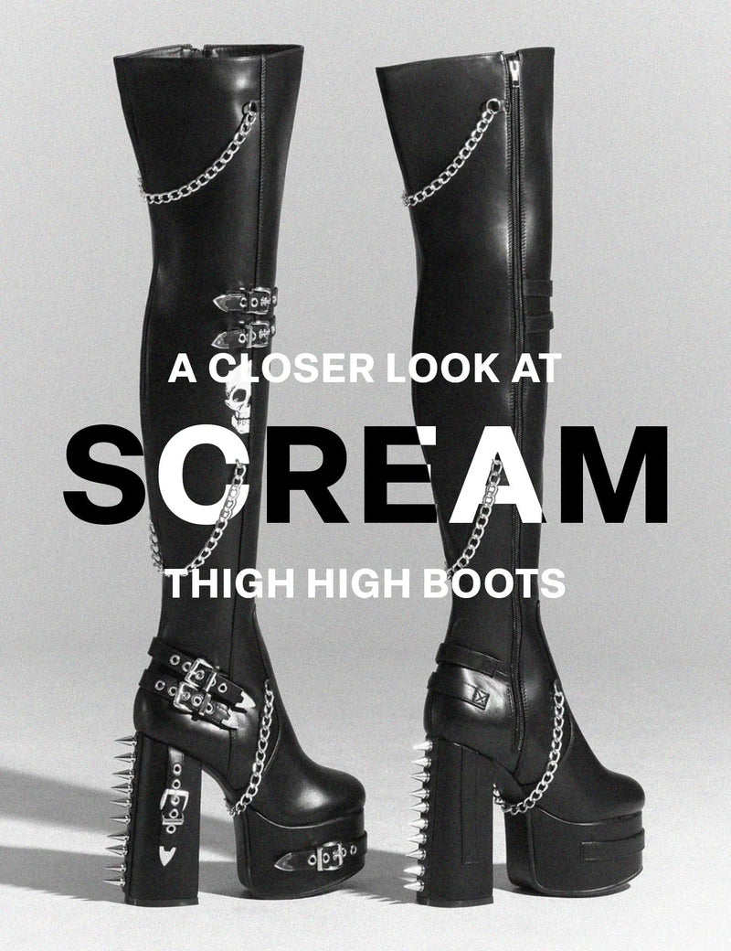 HERE AND NOW
  
  Scream Wide Calf Platform Thigh High Boots in Black faux leather. These vegan Boots feature Silver buckles, chains and spikes, making them the perfect comfy Boots. Made with eco-friendly materials and 100% cruelty-free, these boots are as ethical as they are comfy!
  
  
  - Thigh High length 
  - Silver spikes
  - Silver chains
  - Silver buckles
  - Skull face
  - Cunky Platform sole
  - Round toe 
  - 100% vegan 
  
  SKU: LMF 0988 - BlackPU - WIDE FIT