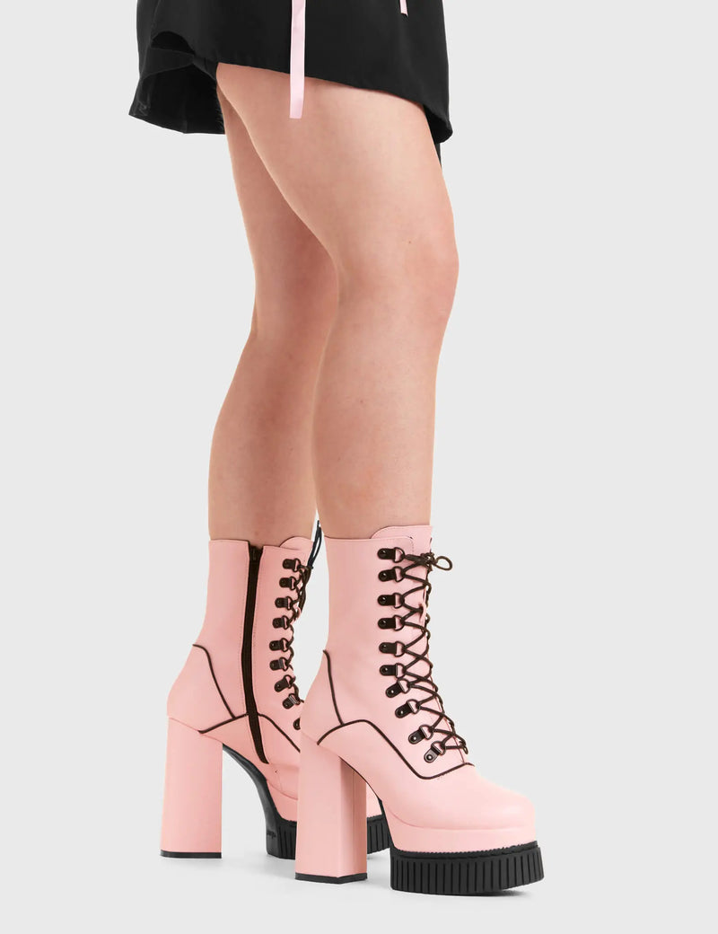 PRETTY IN PINK 
  
  Stargazer Creeper Platform Ankle Boots in Pink faux leather. These vegan western Boots feature a lace up design and Black stitch detailing. Made with eco-friendly materials and 100% cruelty-free, these boots are as ethical as they are trendy!
  
  
  - Heel Height 
  - Calf length
  - Black stitching
  - Black zip 
  - Rubber grip sole
  - Rounded toe 
  - 100% vegan 
  
  SKU: LMF 3966 - PinkPU