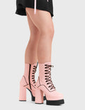 PRETTY IN PINK 
  
  Stargazer Creeper Platform Ankle Boots in Pink faux leather. These vegan western Boots feature a lace up design and Black stitch detailing. Made with eco-friendly materials and 100% cruelty-free, these boots are as ethical as they are trendy!
  
  
  - Heel Height 
  - Calf length
  - Black stitching
  - Black zip 
  - Rubber grip sole
  - Rounded toe 
  - 100% vegan 
  
  SKU: LMF 3966 - PinkPU