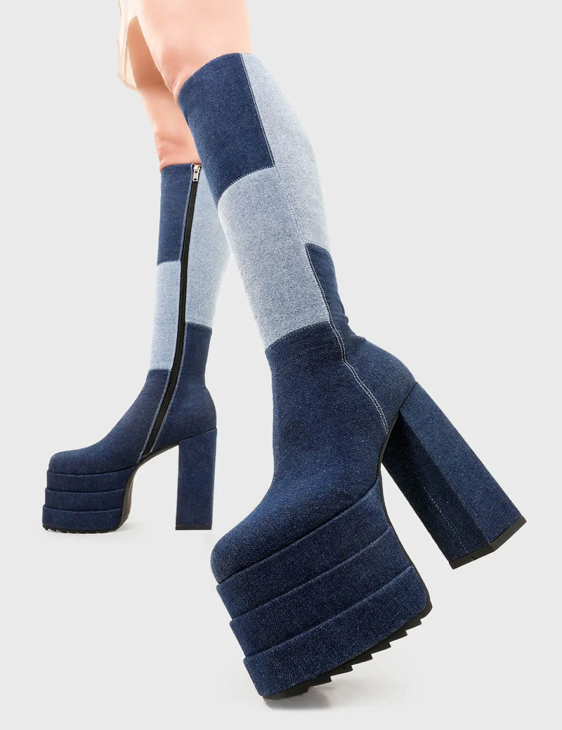 Denim Dolls
  
  Talk Of The Town Platform Knee High Boots in Denim. These platform boots feature our iconic Denim finish on a double stack platform sole, take center stage with these jaw dropping boots. Made with eco-friendly materials and 100% cruelty-free, these platform boots are as ethical as they are Jaw dropping.
  
  - Platform Height
  - Heel Height
  - Black Zip 
  - Knee high length
  - Shark's teeth grip
  - Chunky Platform sole
  - Round Toe 
  - 100% vegan 
  
  SKU: LMF 2701 - Denim