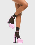 CATWALK READY
  
  Tear of Joy Platform Heels in Pink patent. These platform boots feature a minimalist look with a flared heel, keeping it nice and classy. Made with eco-friendly materials and 100% cruelty-free, these platform boots are as ethical as they are chic.
  
  - Platform Height
  - Adjustable strap
  - Flared heel
  - Pointed toe
  - High Heel
  - 100% vegan 
  
  SKU: LMF 3525 - PinkPAT