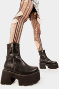 Trendsetter 
  
  Tell Me Lies Chunky Platform Boots. These black vegan Platform Boots feature on our chunky platform sole, comfortable , classic and all round confident. Made with eco-friendly materials and 100% cruelty-free, these platform boots are as ethical as they are cute!
  
  
  - Platform Height: 3 inch
  - Silver zipper 
  - Chunky Platform sole
  - Round Toe
  - 100% vegan 
  
  SKU: LMF 1845 - BlackPU