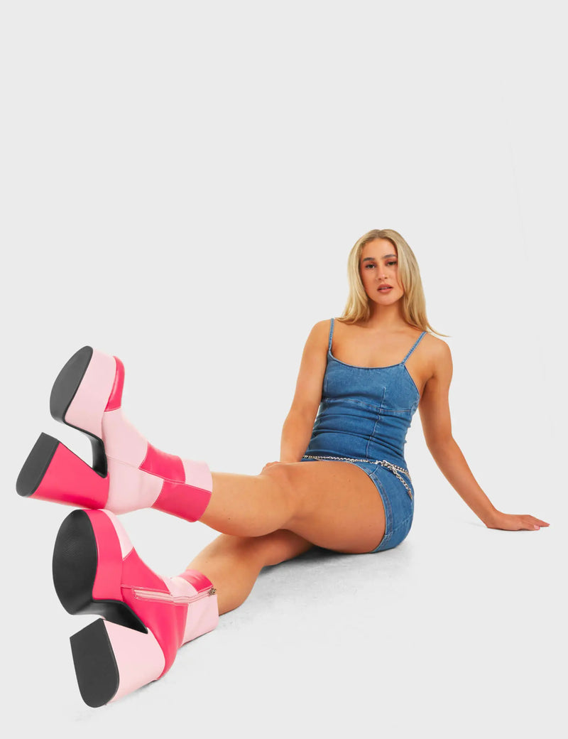 TIME TO TANGO
  
  These Girls Platform Ankle Boots in Pink and Fuchsia faux leather. These platform boots feature a Pink and Fuchsia patch work design with a triangle heel, keeping it nice and classy. Made with eco-friendly materials and 100% cruelty-free, these platform boots are as ethical as they are chic.
  
  - Platform Height
  - Knee high length
  - Patch work design
  - Triangle heel
  - High Heel
  - 100% vegan
  
  SKU: LMF 4486 - PinkPU/FuchsiaPU