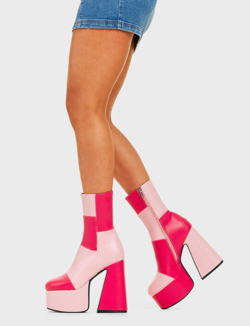 TIME TO TANGO
  
  These Girls Platform Ankle Boots in Pink and Fuchsia faux leather. These platform boots feature a Pink and Fuchsia patch work design with a triangle heel, keeping it nice and classy. Made with eco-friendly materials and 100% cruelty-free, these platform boots are as ethical as they are chic.
  
  - Platform Height
  - Knee high length
  - Patch work design
  - Triangle heel
  - High Heel
  - 100% vegan
  
  SKU: LMF 4486 - PinkPU/FuchsiaPU