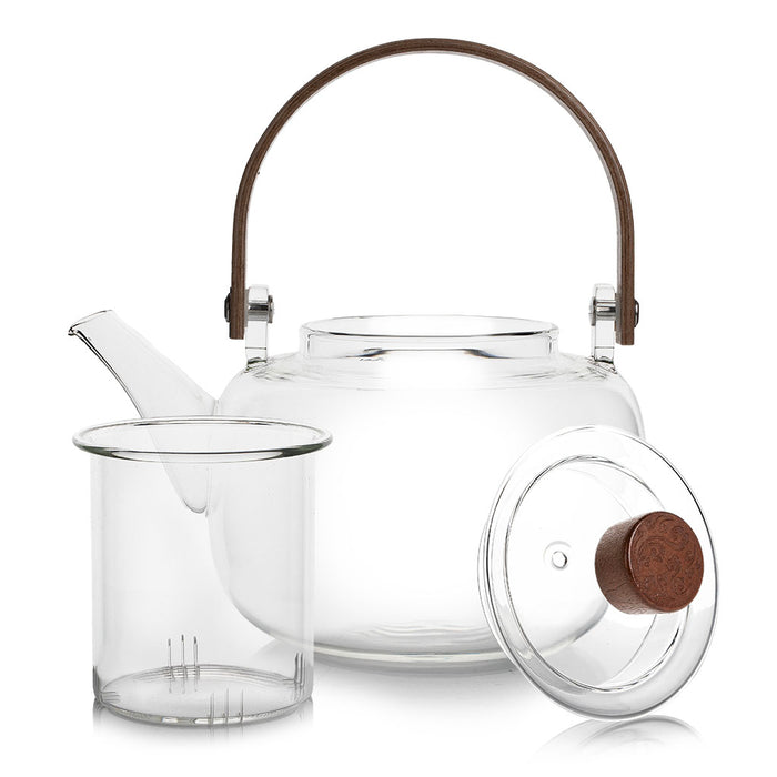 Walnut Wood Handle Glass Wellness Teapot