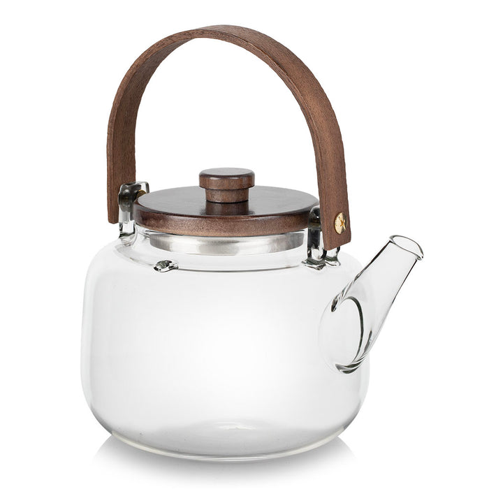 Walnut Wood Handle Matte Glass Wellness Teapot