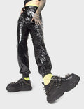 HEADTURNERS ALERT
  
  Watch Out Chunky Platform Sneakers in Black faux leather. These vegan Chunky Sneakers feature silver spikes, studs and hanging chains, making them the hottest Chunky Sneakers available! Made with eco-friendly materials and 100% cruelty-free, these Sneakers are as ethical as they are striking!
  
  
  - Platform Height: 2.7 inch
  - Silver spikes, studs and chains 
  - Black zipper 
  - Black pull tab
  - Cunky Platform sole
  - Round toe 
  - 100% vegan 
  
  SKU: LMF 0182 - BlackPU
