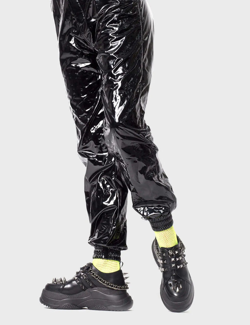 HEADTURNERS ALERT
  
  Watch Out Chunky Platform Sneakers in Black faux leather. These vegan Chunky Sneakers feature silver spikes, studs and hanging chains, making them the hottest Chunky Sneakers available! Made with eco-friendly materials and 100% cruelty-free, these Sneakers are as ethical as they are striking!
  
  
  - Platform Height: 2.7 inch
  - Silver spikes, studs and chains 
  - Black zipper 
  - Black pull tab
  - Cunky Platform sole
  - Round toe 
  - 100% vegan 
  
  SKU: LMF 0182 - BlackPU